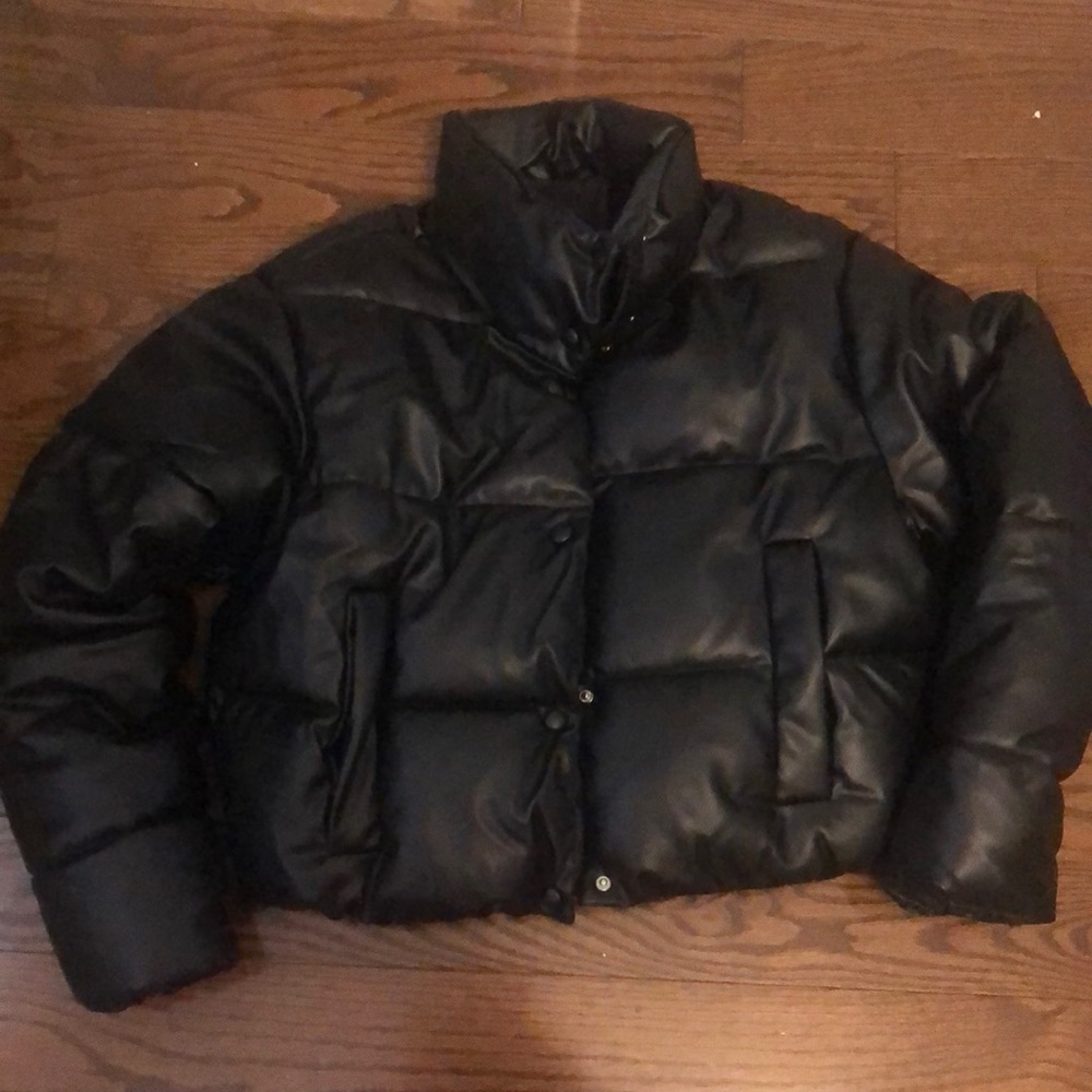 Zara xs leather puffer jacket